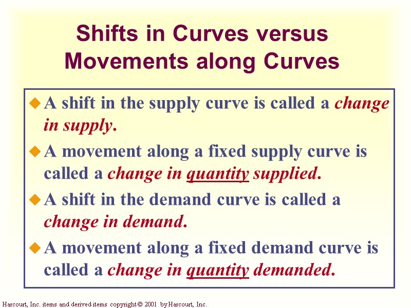 Shifts in Curves versus Movements along Curves A shift in the supply curve is